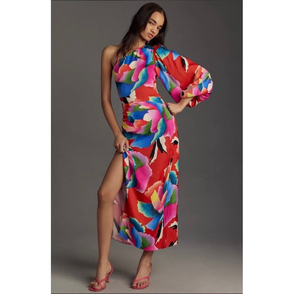 Farm Rio One Shoulder Dress Small Red‎ Floral Anthropologie Tropical Maximalist